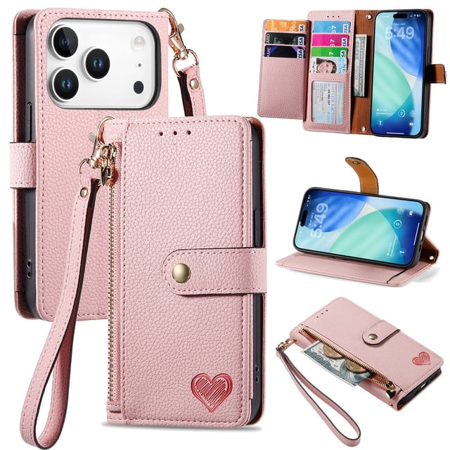 GANGXUN Wallet Case for iPhone 17 Pro , PU Leather Flip Cover with Card Slots, Zipper Pocket, Wrist Strap and Stand Function