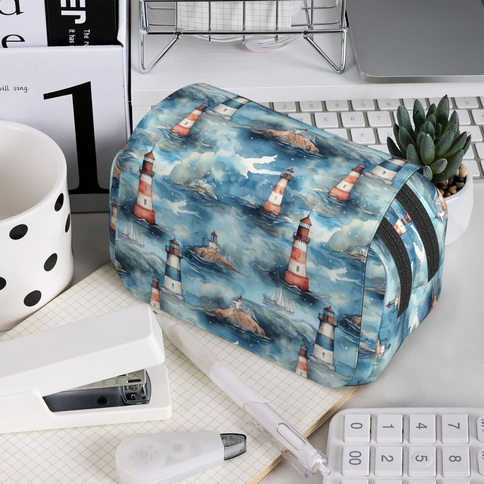 Rateoe Sea Marine And Lighthouse Pattern Double Clamshell Pen Case, Storage Organizer with Two Zipper Compartments– Holds Up to 50 Pencils & Pens