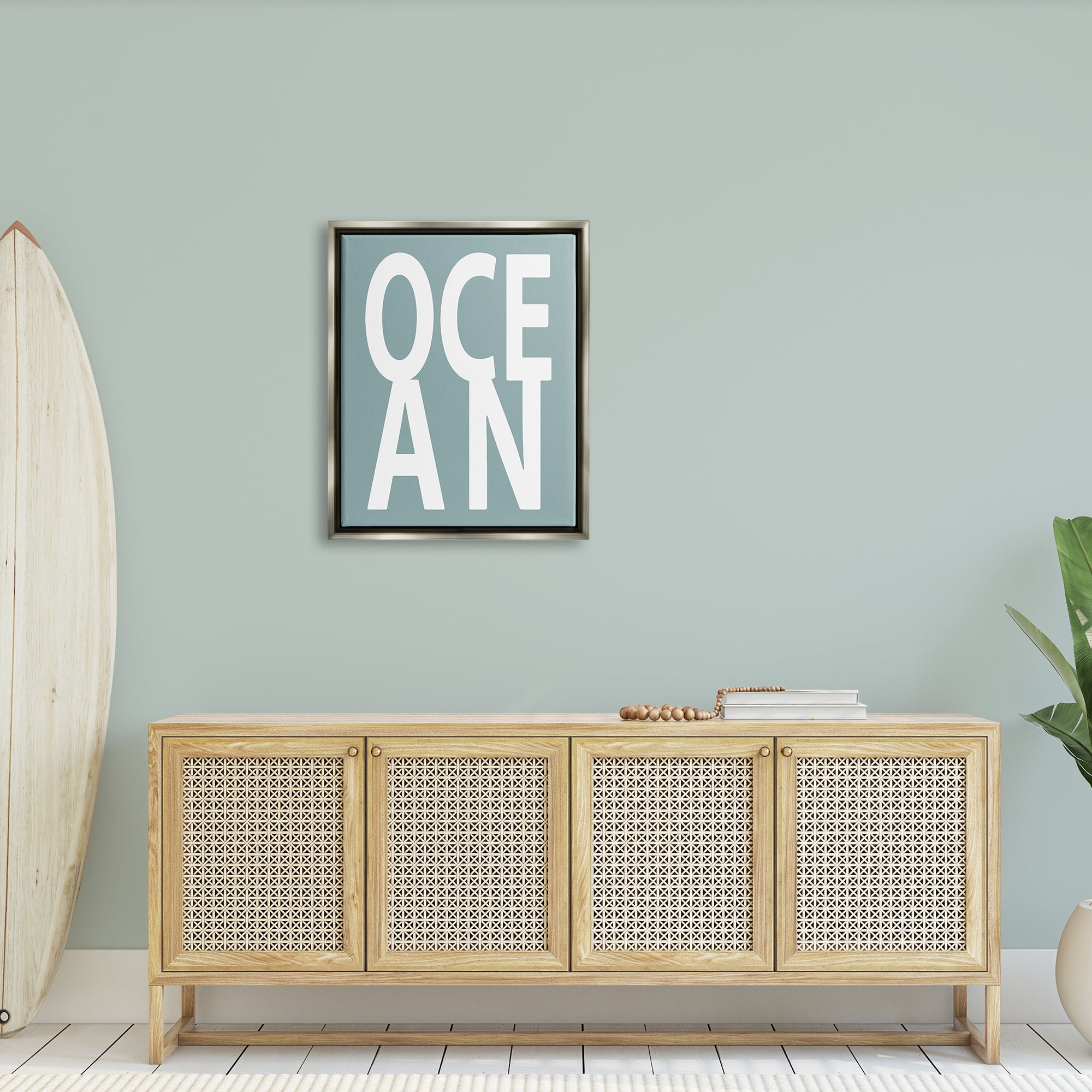 Stupell Ocean Beach Text Letters Phrase Landscape Painting Gray Floater Framed Art Print Wall Art