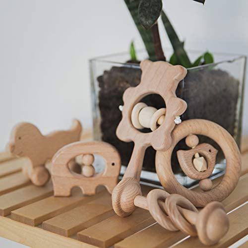 Promise Babe Puzzle Toys Montessori Teether Toys Set Baby Wooden rattles Interesting Toys 5pc Nursing Wooden Teether Rattles 