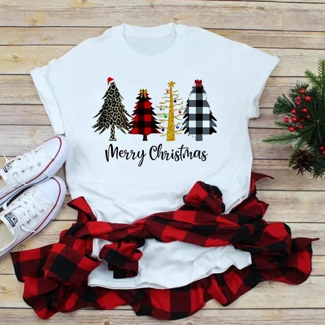 Camiseta con estampado de leopardo de Feliz Navidad para mujer, camiseta informal básica con cuello redondo, camiseta negra de manga corta para mujer