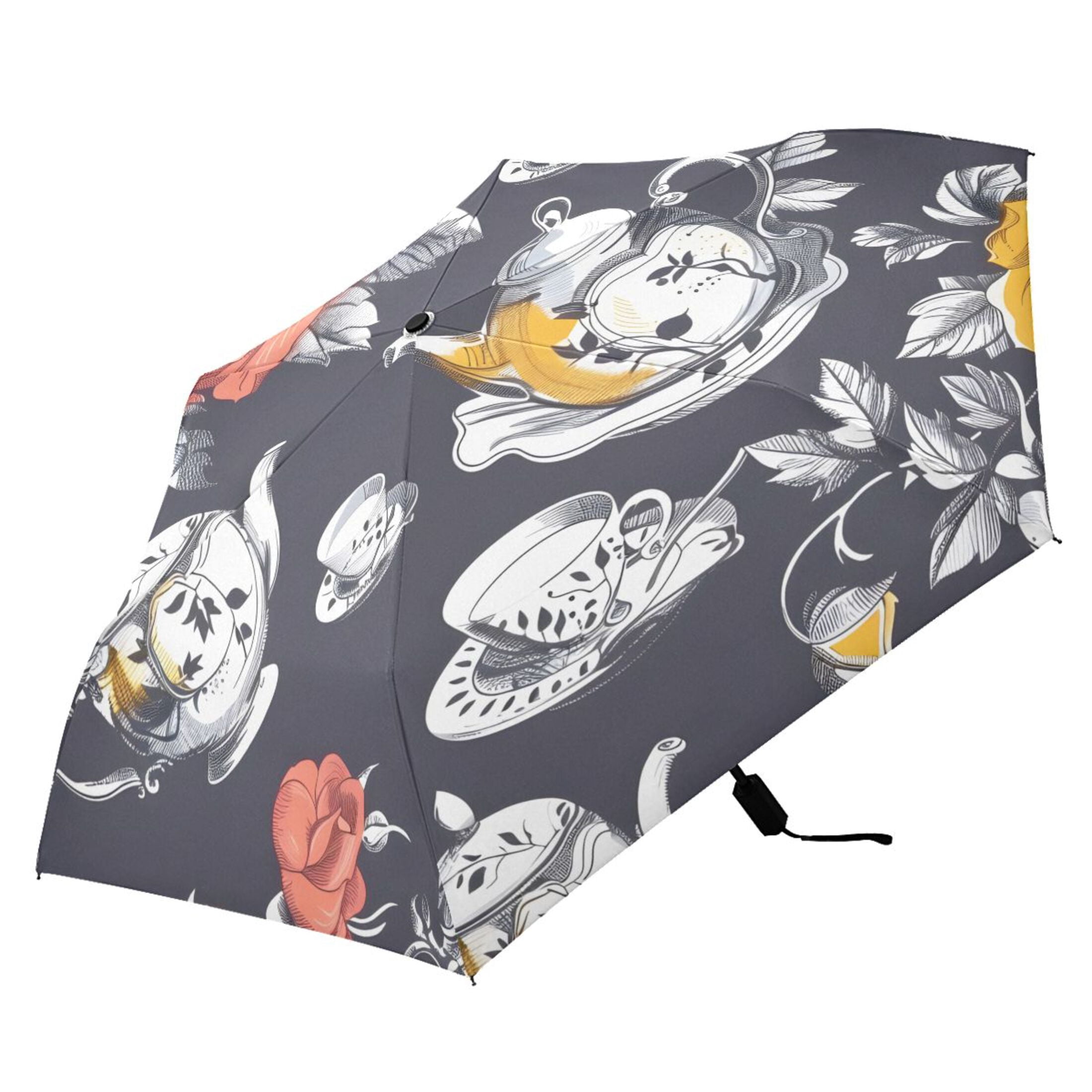 Rose Flower Teacup Teapot Compact Sun Umbrella Windproof Travel Umbrellas for Rain Strong Portable UV Protection