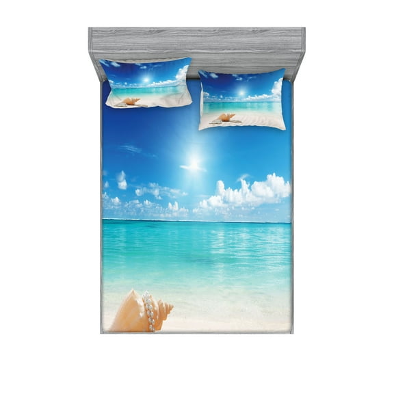 Ambesonne Ocean Fitted Sheet & Pillow Sham Set, Seashells Tropical Beach, Queen, Turquoise and Cream