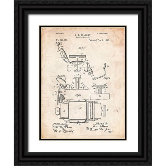 Borders, Cole 12x14 Black Ornate Wood Framed with Double Matting Museum Art Print Titled - PP244-Vintage Parchment Barbers Chair Patent
