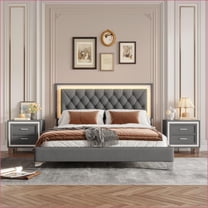 Bedroom Furniture Set, Queen Size Upholstered Platform Bed with LED Lights & 2 Nightstands - Slate Gray | Velvet | Standard Beds