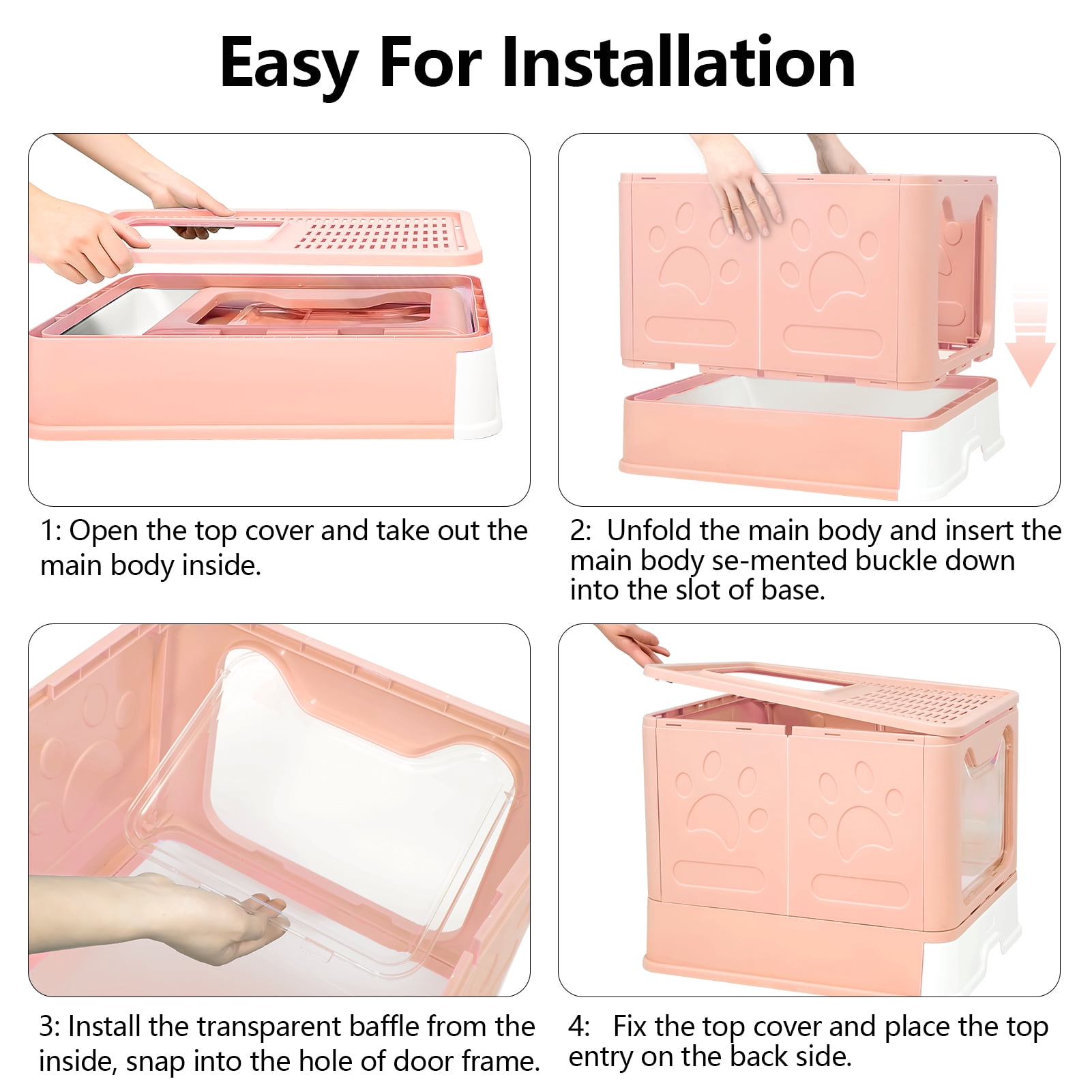 WiseWater Large Foldable Cat Litter Box with Lid, Top Entry Kitty Litter Box with Pet Plastic Scoop, Pink