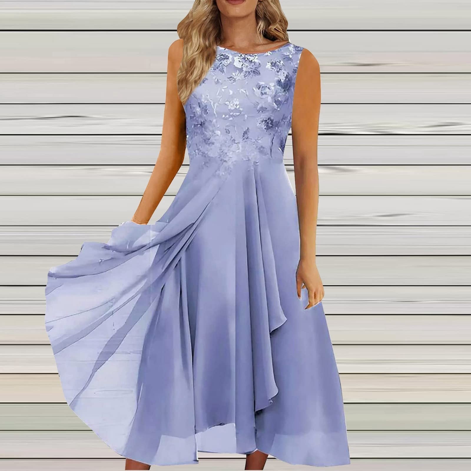 XIAOCHA Womens Lace Dress Flared Chiffon Sleeveless Round Neck Evening Gown Flowy Elegant Party Dresses