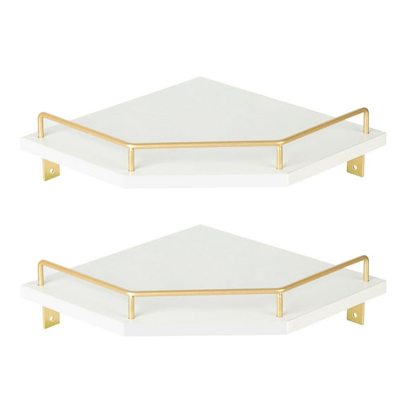Jessac White Wall Mount Corner Shelf with Gold Metal Guardrail, 2-Tier 9.5-inch Diamond-Shaped Wood Corner Floating Shelves for Home Decor Kitchen Organizer