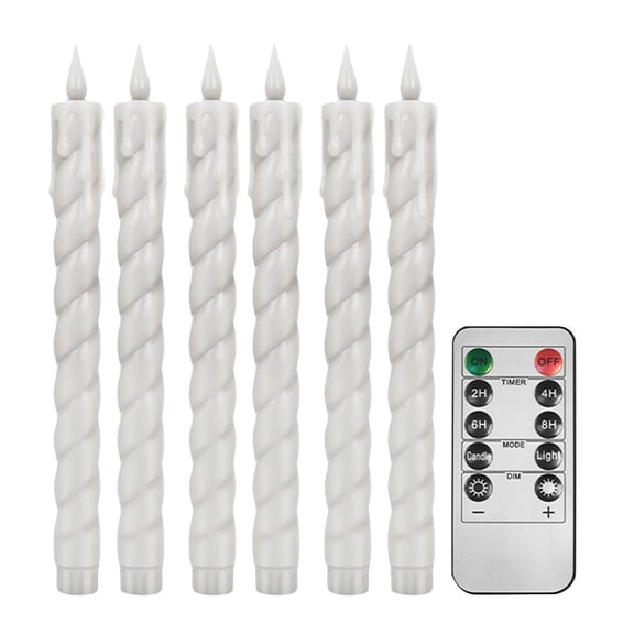White Twisted Drip Wax LED Taper Candles, 6 Pcs 9.65in Flameless Candles with Remote Timer Dimmer for Table Mantel Decor