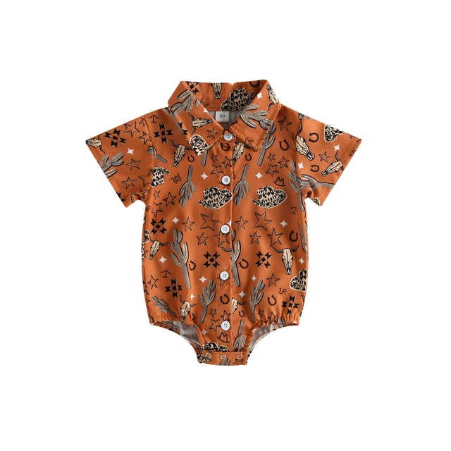 Fortune Barboteuse Garçon Bébé Imprimé Vache Manches Courtes Chemise à Boutons Justaucorps
