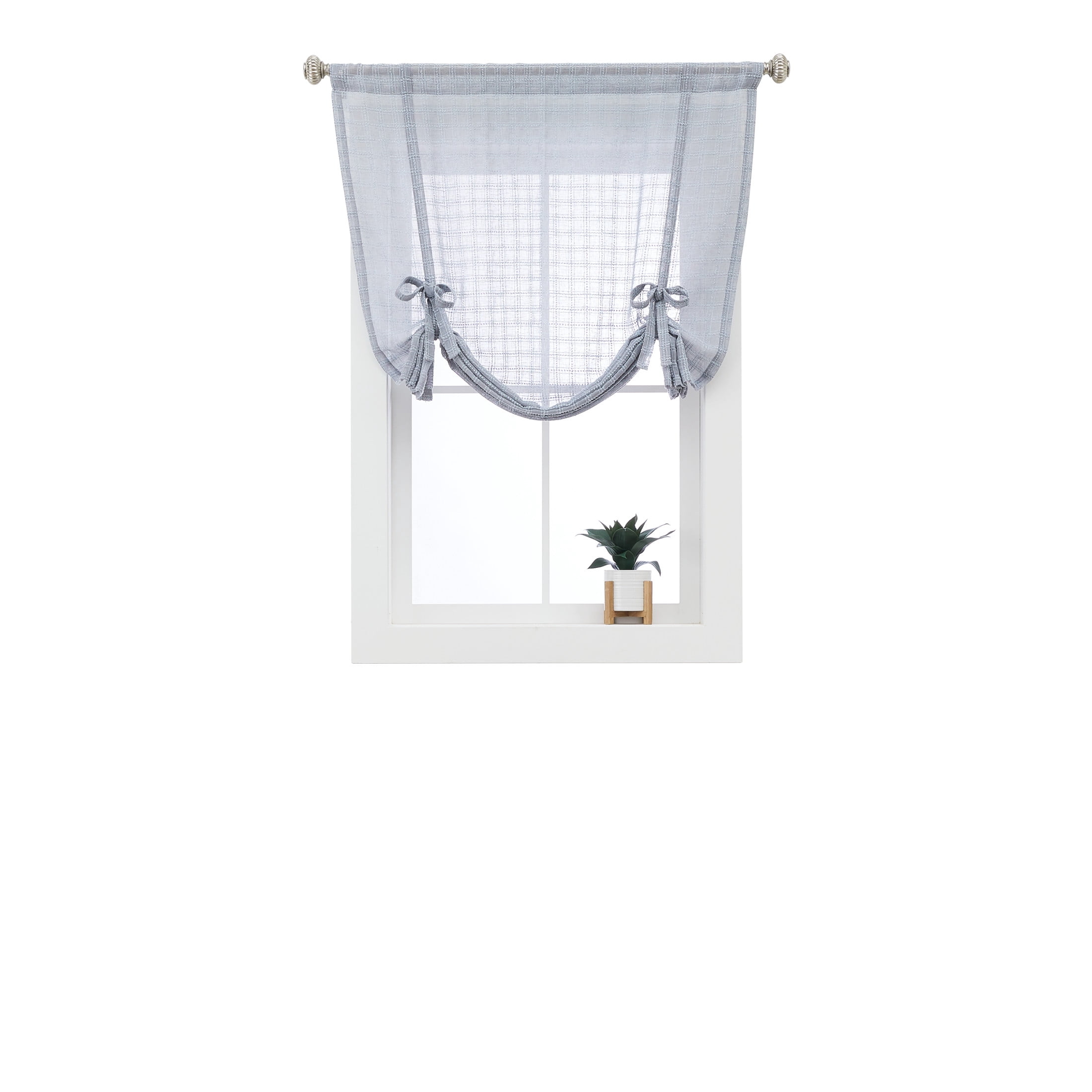 (3 pack) Better Homes & Gardens Sheer Windowpane Stitch Balloon Shade Curtain Panel, Soft Silver, 50" W x 63" L