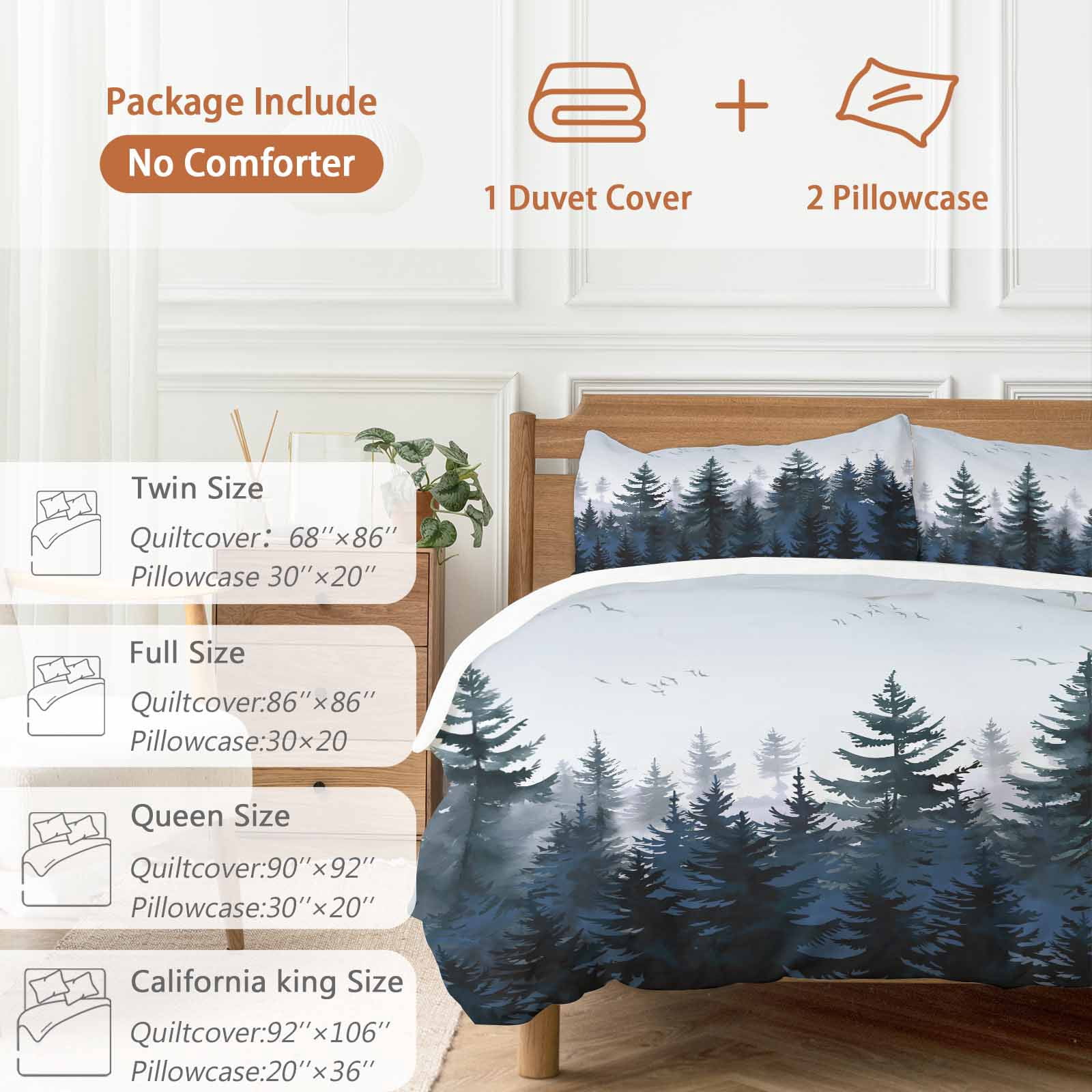 Forest Bedding 3 Piece Duvet Cover Set Queen Size, Dark Blue Fall Bird Vintage Farmhouse Tree Soft Microfiber Comforter Cover with Zipper Closure & Pillowcases, Wrinkle & FadeResistant Quilt Cover
