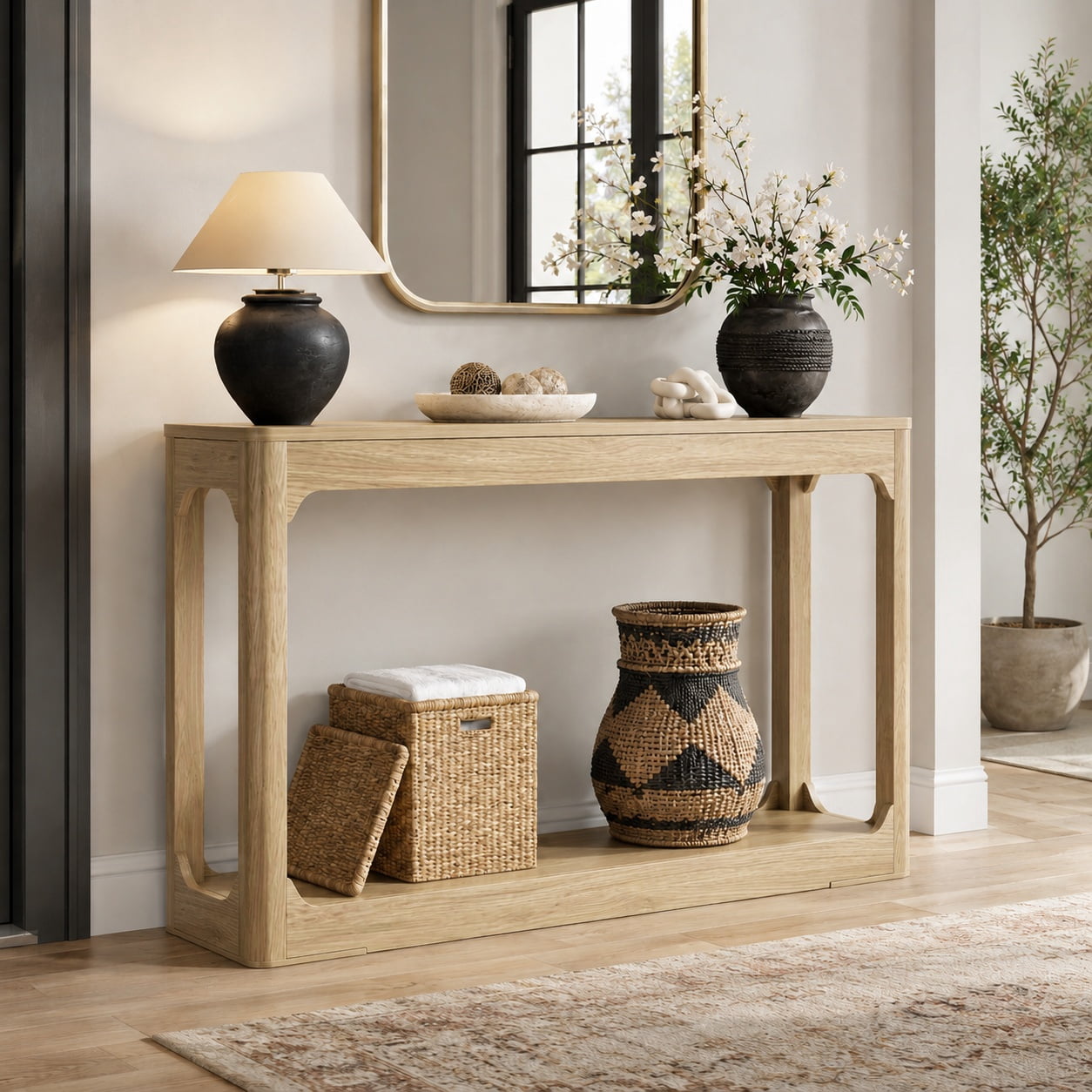 Aukfa 55.1" Wood Console Table, Narrow Sofa Table with 2-Tier Open Shelf for Entryway Hallway Living Room,Natural
