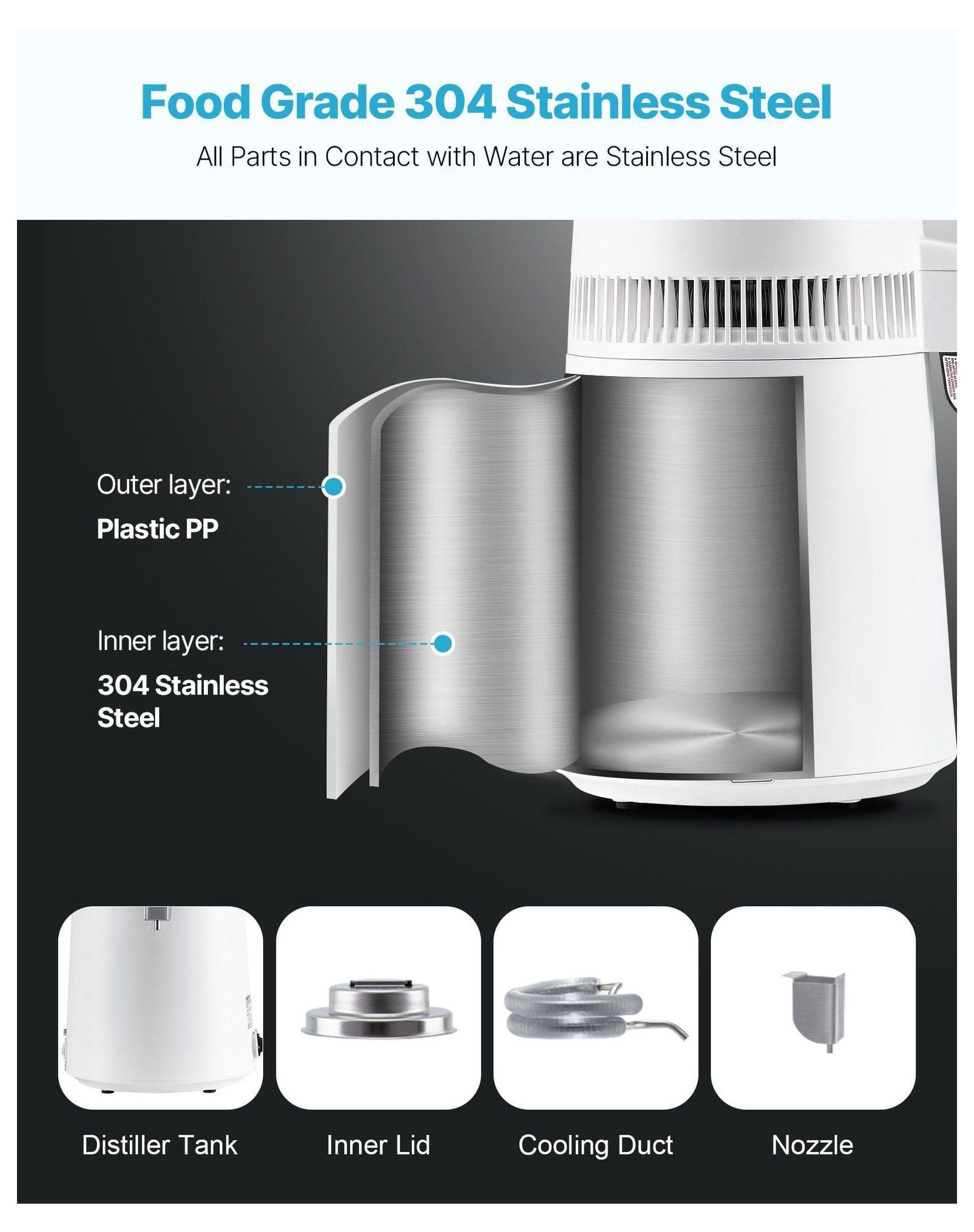 6L Water Distiller Home Countertop Purifier Machine 900W Plastic Stainless Steel