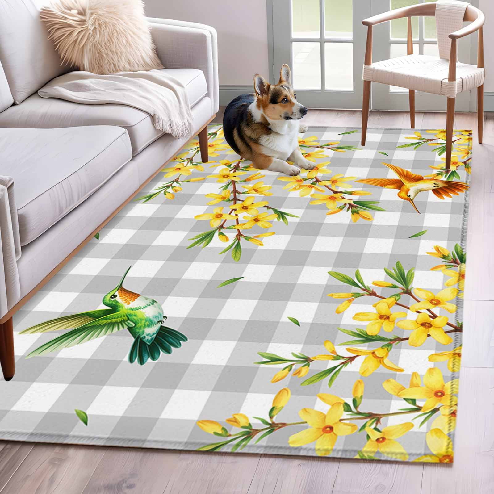 Spring Forsythia Flowers Area Rugs 4'x6', Washable Small Throw Rugs for Office Bathroom, Yellow Floral Hummingbird Gray Plaid Indoor Outdoor Rug Non-Slip Low Pile Carpet Runner Reversible Floor Mats