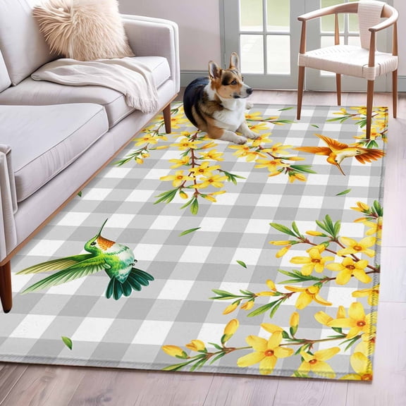 Spring Forsythia Flowers Area Rugs 4'x6', Washable Small Throw Rugs for Office Bathroom, Yellow Floral Hummingbird Gray Plaid Indoor Outdoor Rug Non-Slip Low Pile Carpet Runner Reversible Floor Mats