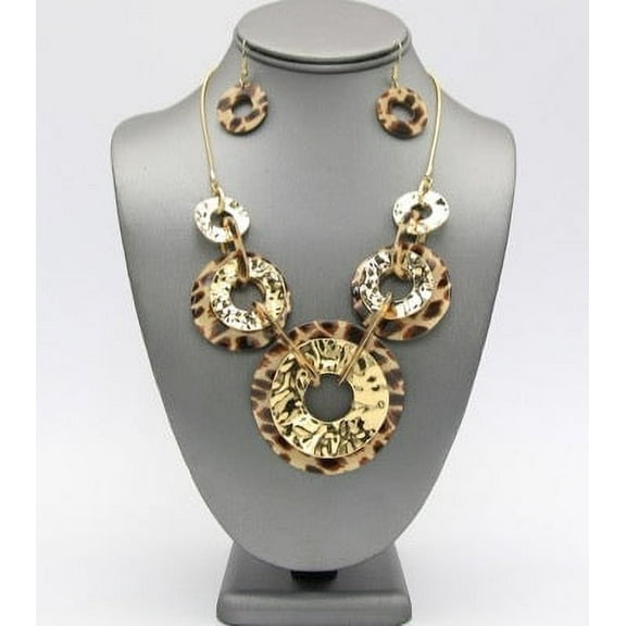 Pierced gold and brown animal print bent circle necklace and earring set
