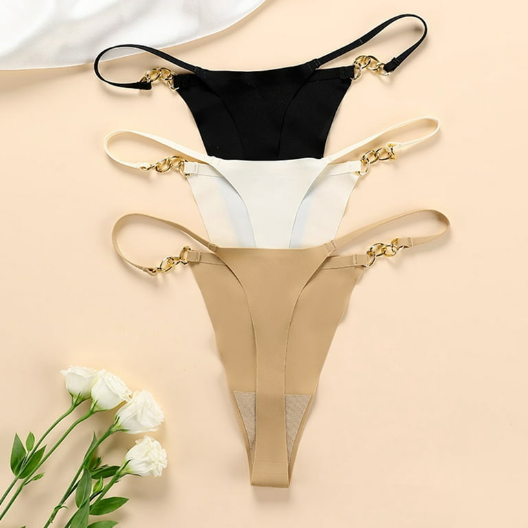 PERZOE Women Thong Solid Color Cotton Crotch Ice Silk Sexy G-string Metal  Stitch Strap Low Waist Thong Briefs 