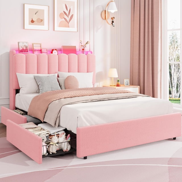LED Full Size Bed Frame with Storage Headboard, Kids Bed Frame with 2 Drawers, Boucle Upholstered Platform Bed for Girls, Chic Wavy Headboard with Bookcase, No Box Spring Needed, Pink