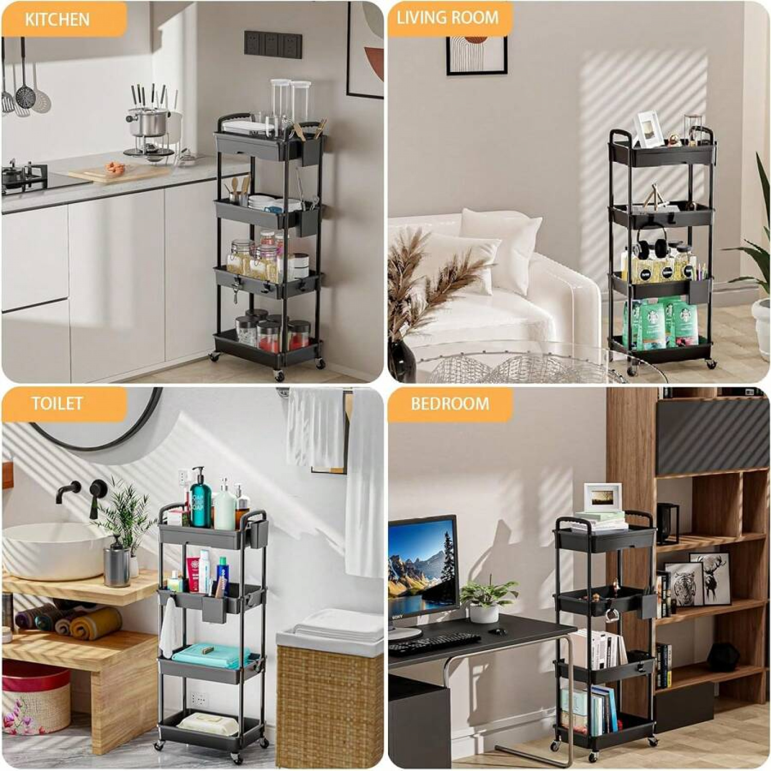 NTGFU 4 Tier Black Rolling Utility Cart with Drawer, Utility Cart Made Of Multifunctional Storage Organizer Tool for Kitchen,Bathroom,Living Room,Office Outdoor Decor