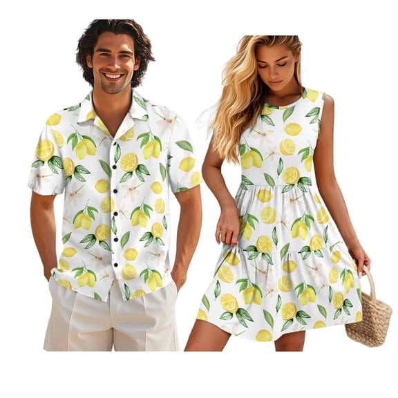 Yuyamidu His and Hers Matching Outfits Lemon Dress Mens Shirts Womens Summer Dresses Tank Mini Dress Men's Button Down Shirts Sleeveless A-Line T-Shirt Dresses Beach Sundress White S
