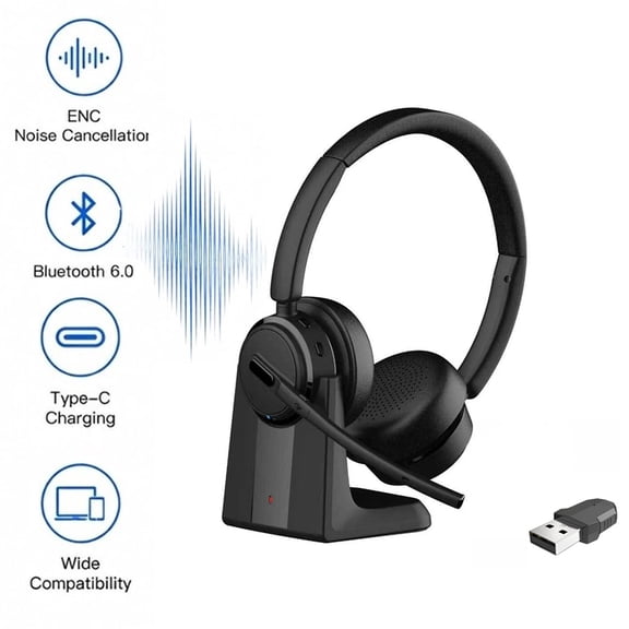Computer Bluetooth Headset with USB Dongle for PC, (Noise Cancelling & Mute Button) Wireless Headphones with Mic for Work/Cell Phones/Computer/Call Center/Zoom