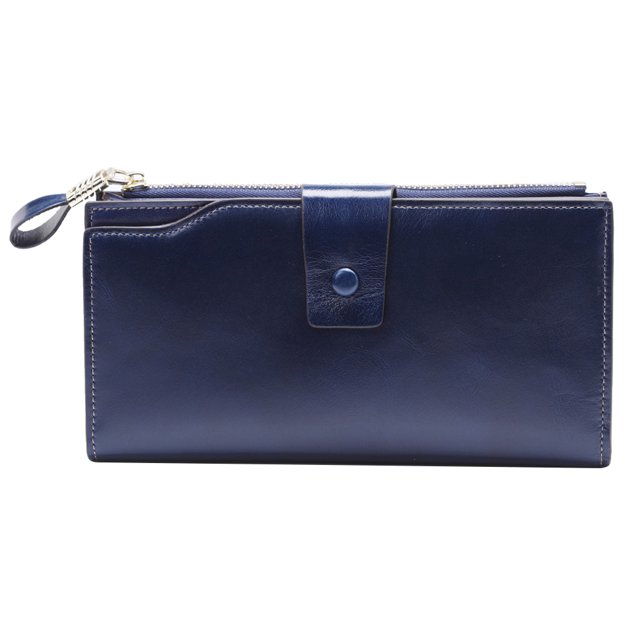 EeaseMX Cartera ultrafina de piel auténtica para mujer, anti-RFID, con tarjetero y bolsillo para fotos (azul)