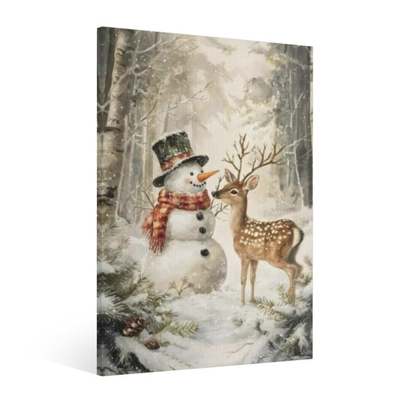 Vintage Christmas Snowman Wall Art Paint - Retro Xmas Festive Winter Holiday Christmas Wall Decor Canvas for Living Room Kitchen Bathroom Home Bedroom Decor Framed