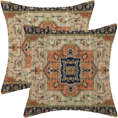 

Aztec Boho Pillow Covers 16x16 Set of 2 Ethnic Vintage Design Boho Decorative Throw Pillows Linen Rust Retro Carpet Pattern Farmhouse Cushion Pillow Covers for Sofa Couch Outdoor Decor