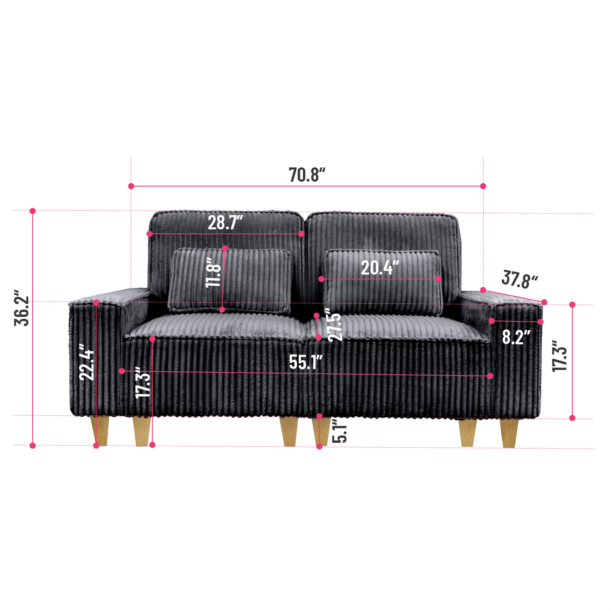Aukfa 3 Piece Sofa Set - 71" Deep Seat Couch Loveseat Couch w/ Cup Holders&Pillows, Solid Wood Legs, Black