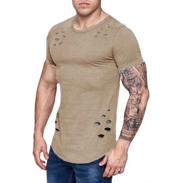 Camisetas de cuello redondo sueltas de color sólido rasgadas para hombre Camiseta de manga corta curvada ahuecada informal para hombre Advancent FS7578-06