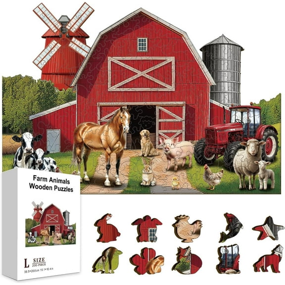 300Pcs Red Barn House Wooden Puzzles for Adults 15.15x10.47 in Farm Animals Jigsaw Puzzles Wood Colorful Jigsaw Puzzle for Birthday Christmas Gifts Wood