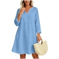 thumbnail image 2 of Guieoi Trendy Long-Sleeve V-Neck Cotton-Linen Dress with Wide Hem Blue S, 2 of 8