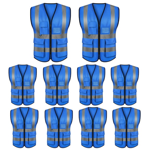 GOGO 5 Pockets High Visibility Zipper Front Safety Vest with Reflective Strips Uniform Vest, Pack of 10-Blue-L
