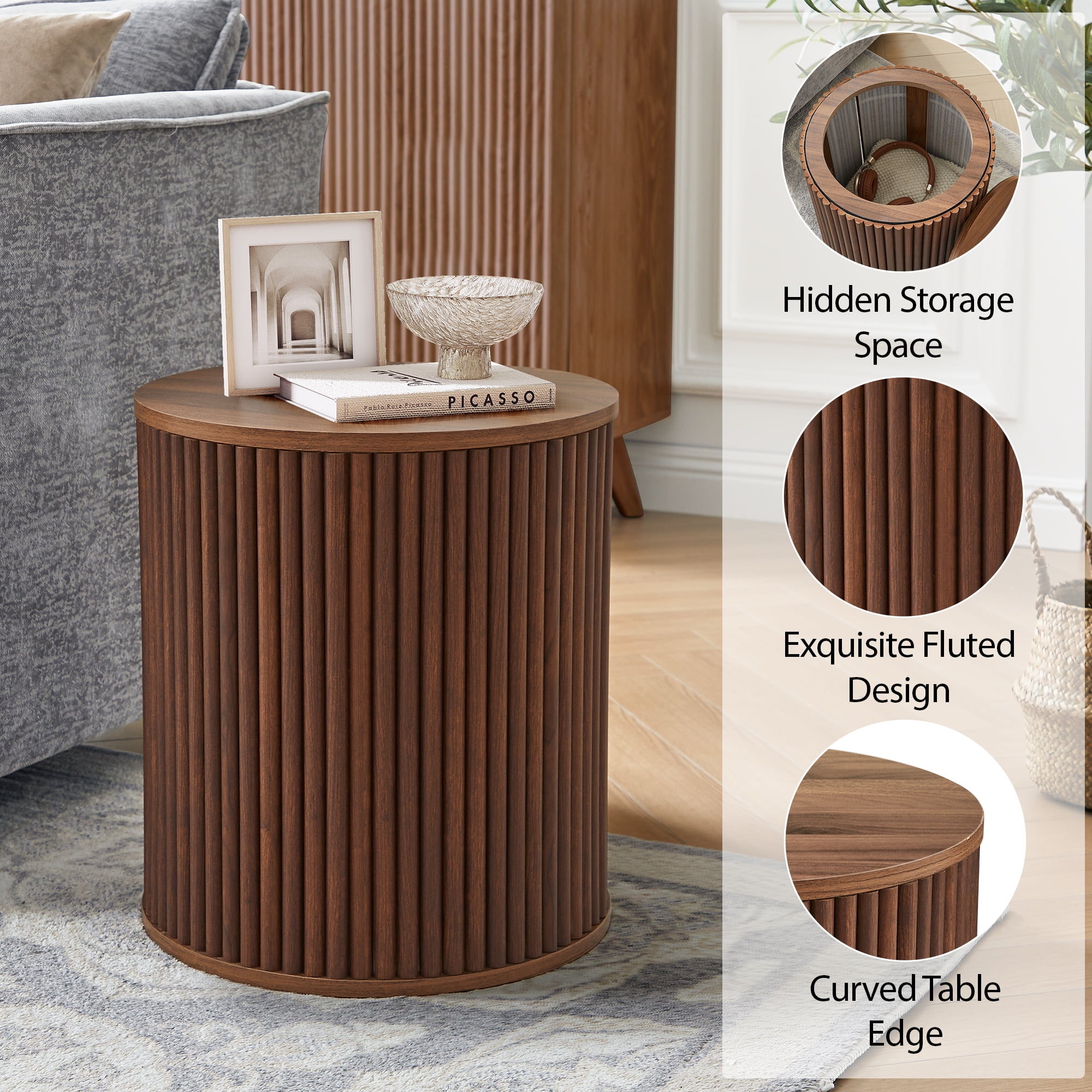 Wirrytor Round Side Table for living room, Fluted End Table for Small Spaces, Mid Century Modern Small Accent Tables, Bedside Table, Couch Side Table, Nightstand for Bedroom Couch,Walnut