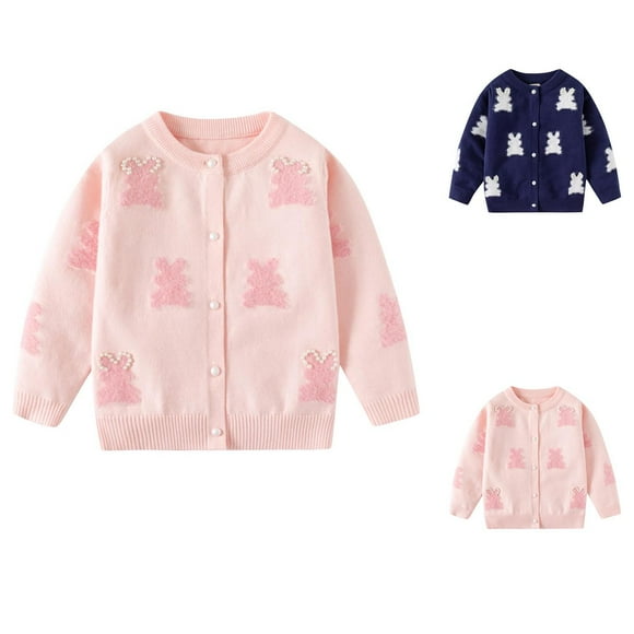 WRKEKC Cardigan Fille Enfants Tout-Petits 0-18 Mois Manches Longues Col Rond Bouton Perle Motif Lapin Orné Tricot Doux Chaud Hiver Cardigan Plusieurs Couleurs