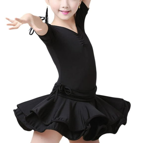 YM YOUMU Girls Latin Dance Dress V-neck Short Sleeve for Ballroom Salsa Practice