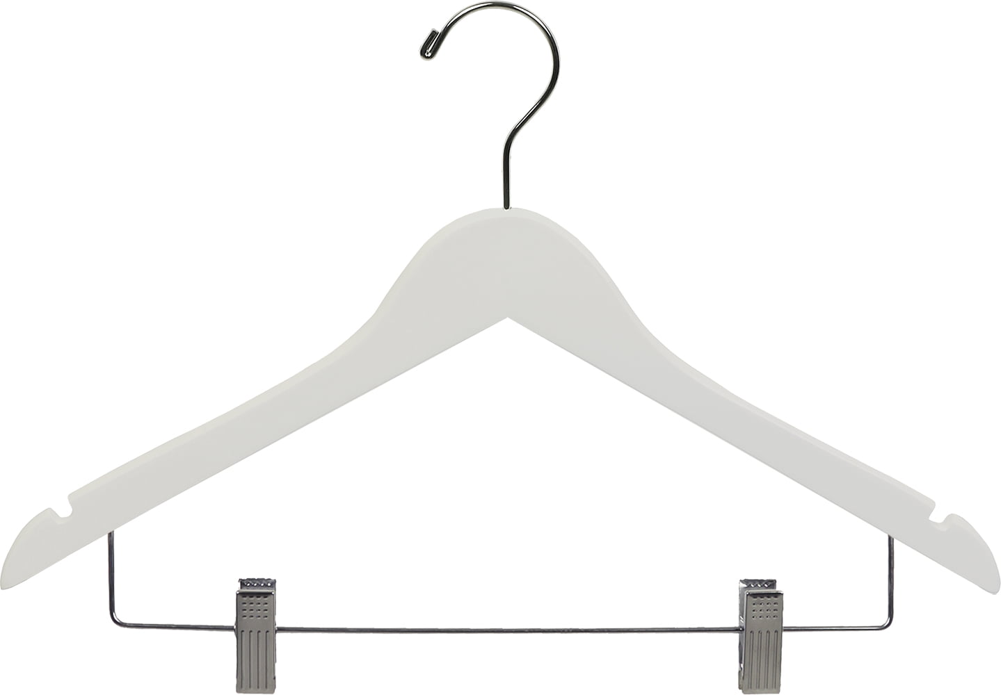 White Wood Combo Hanger w/ Cushion Clips, (Box of 50) Space Saving 17 Inch Flat Wooden Hangers w/ Chrome Swivel Hook & Notches for Shirt Jacket or Dress by International Hanger