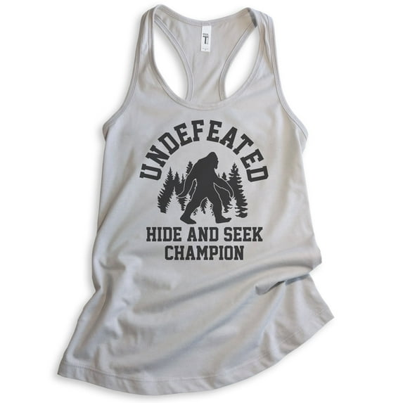 Undefeated Hide And Seek Champion Tank Top, Ladies Racerback Tank, Bigfoot, Yeti, Sasquatch, Squatch Tee, Silver Gray, Small