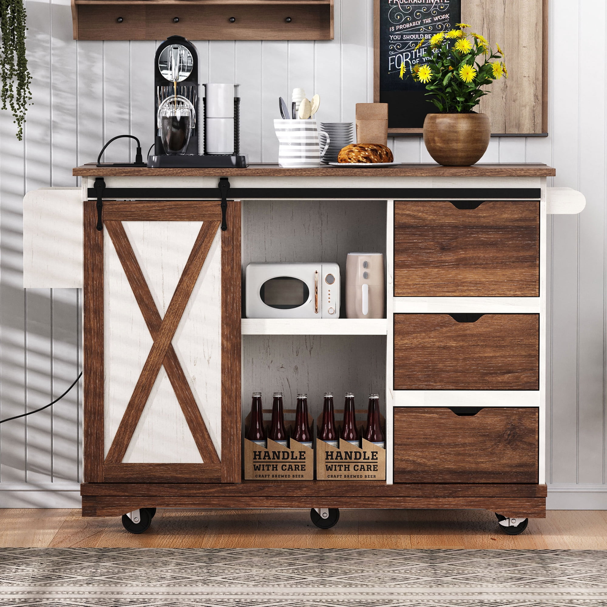 Euroco Farmhouse Kitchen Island with Drop Leaf, Charging Station, Storage Cabinet & Drawers, Rolling Kitchen Cart with Barn Door – 55.5''W