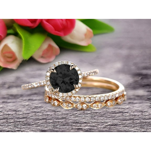 Round Cut 2.75 Carat Black Diamond Moissanite Trio Ring Set Thin Stacking Matching Wedding Band 10k Yellow Gold Art Deco
