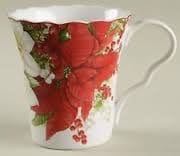 x4 222 Fifth WINTER HARMONY Coffee Mug Set Christmas Poinsettia White Red NEW 