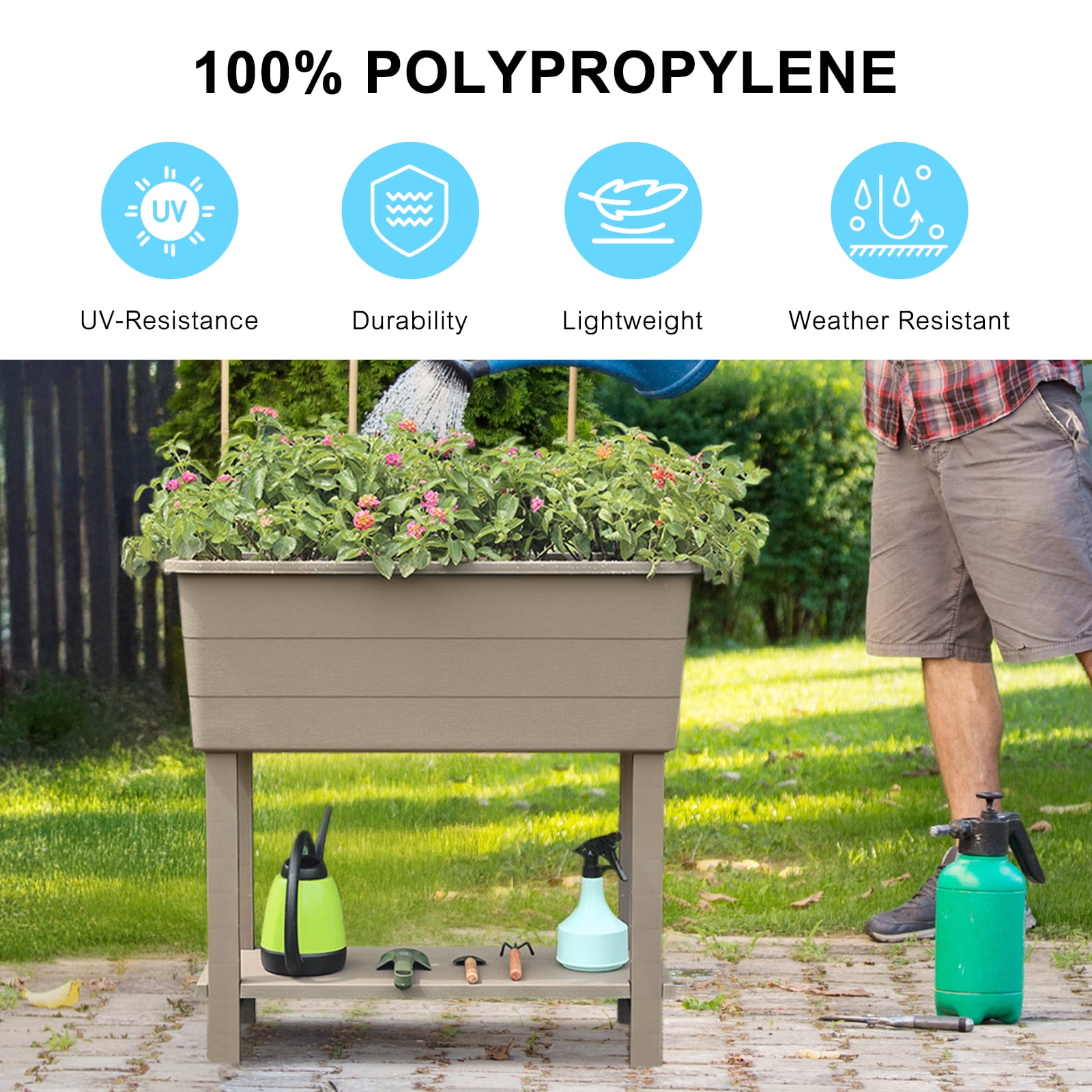 BPS Outdoor Raised Garden Bed, Set of 3 Self-Watering Elevated Planter Box with Legs - Khaki