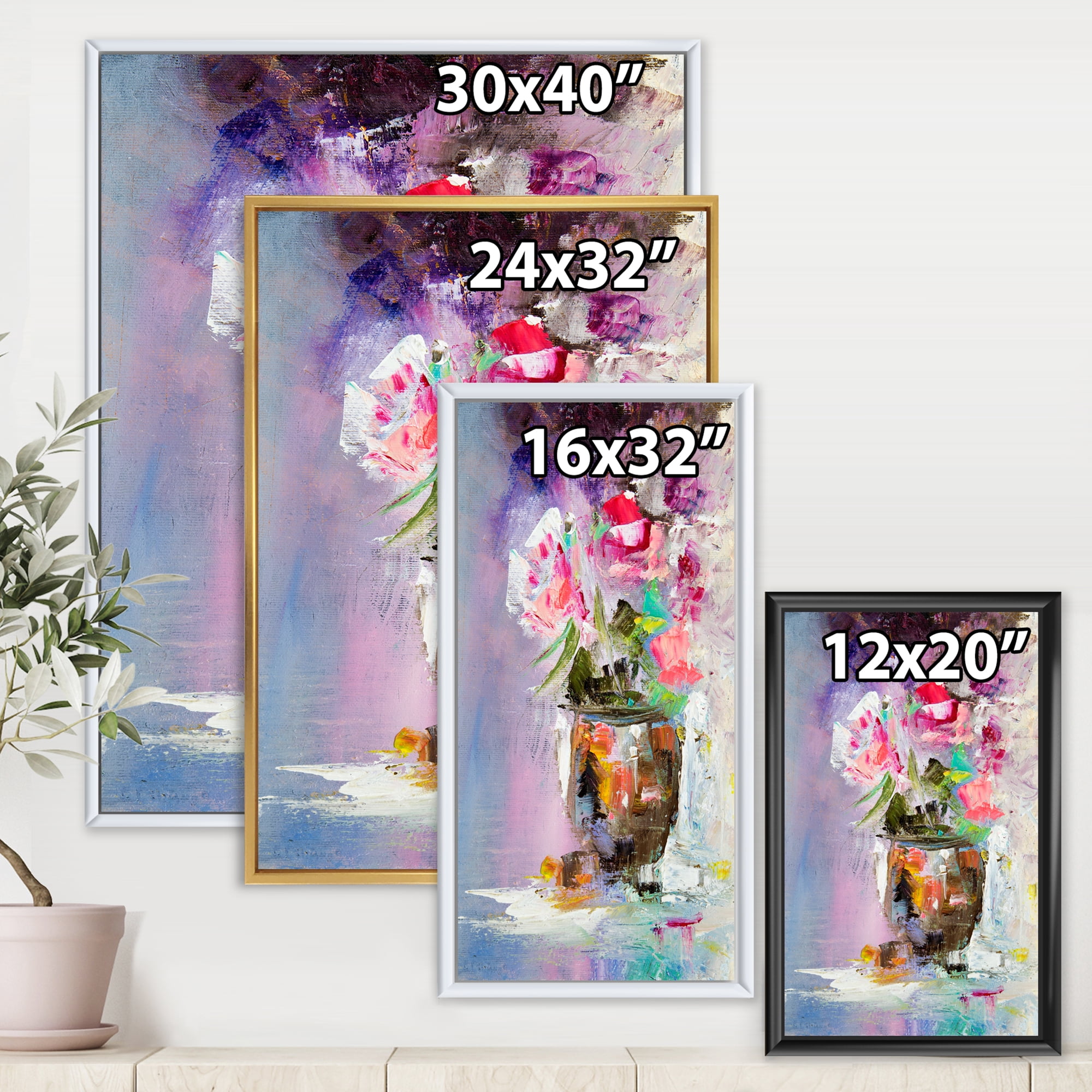 Designart 'Pink Fresh Abstract Flowers Bouquet in Vase' Modern Framed Canvas Wall Art Print