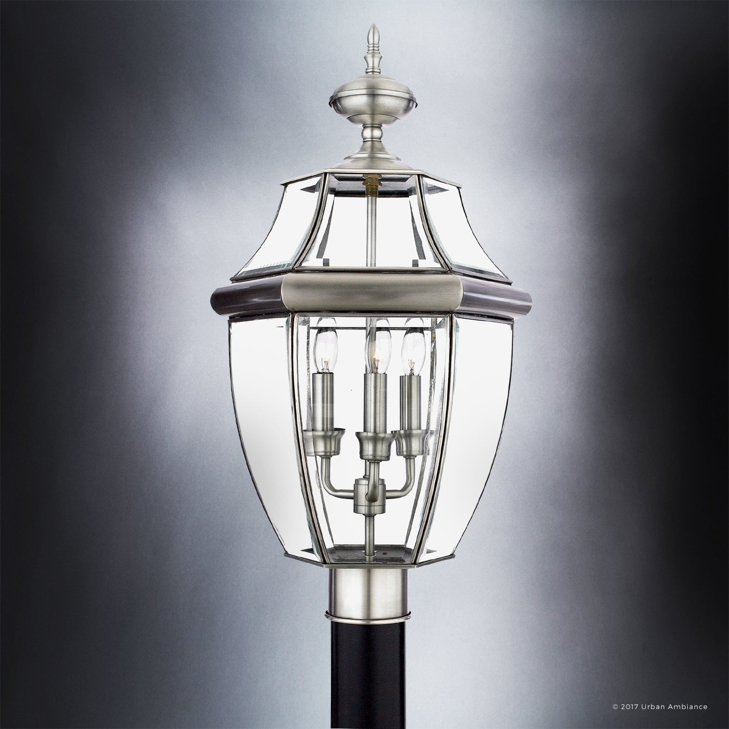 Urban Ambiance Luxury Colonial Outdoor Post Light, Large Size: 23"H x 12.5"W, with Tudor Style Elements, Versatile Design, Classy Aged Silver Finish and Beveled Glass, UQL1151