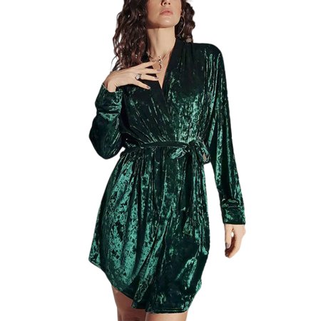 

Wrcnote Ladies Robe Lace Up Bathrobe Long Sleeve Nightgowns Sleepwear Nightwear Robes V Neck Pajamas Green L