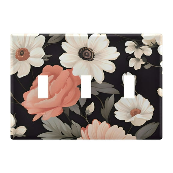 3 Gang Switch Covers Flowers Floral on Black Light Wall Plate Home Faceplate Switch Plates 6.37”x4.48”