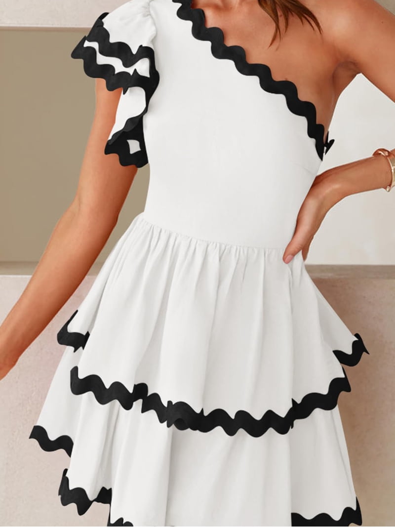 Rdhnmea Women's 2024 Summer One Shoulder Dresses Ruffle Short Sleeve Tiered Mini  Dress Ric Rac Trim Layered Swing A-Line Sundress - Walmart.com