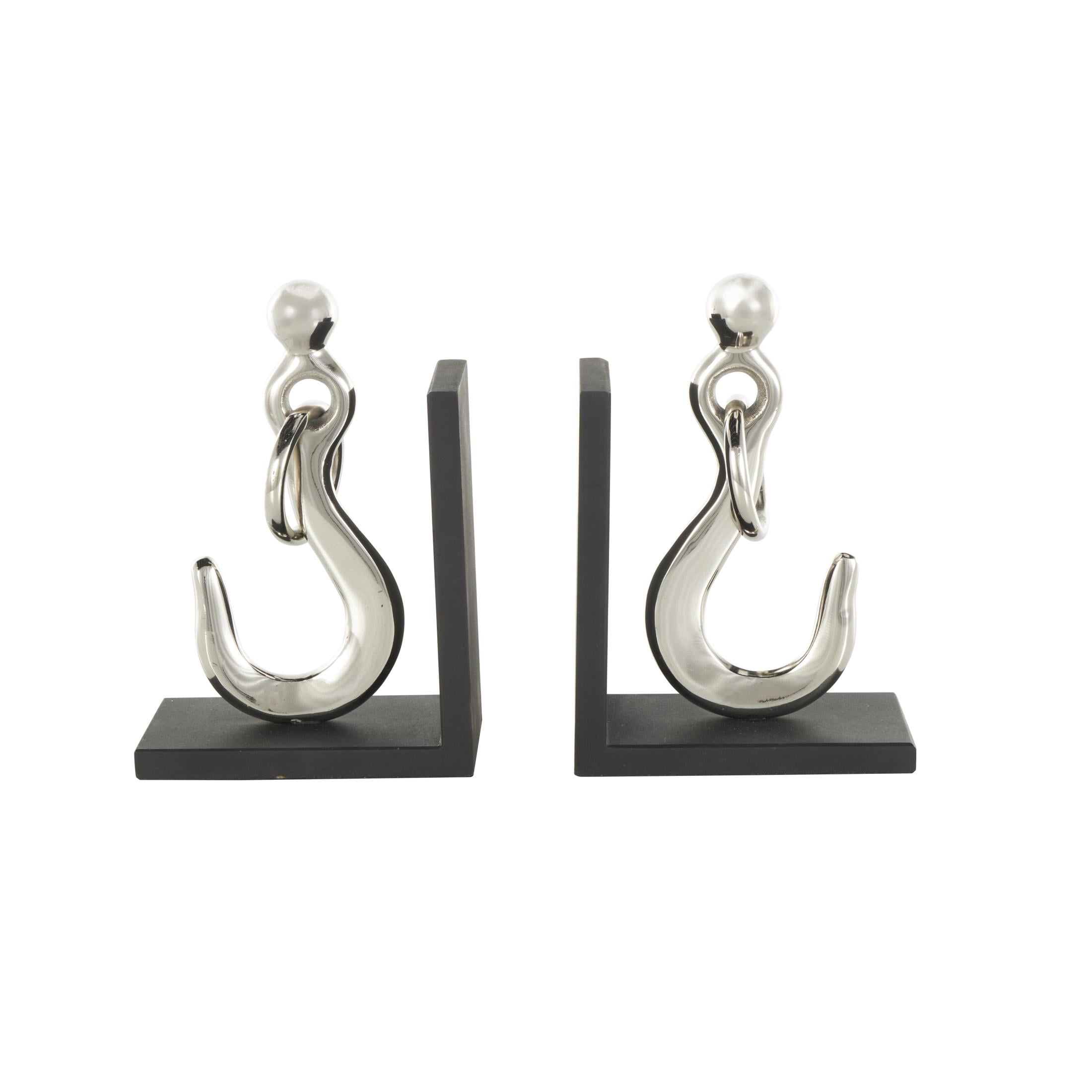 DecMode 7" Hook Silver Aluminum Metal Bookends with Black Bases (Set of 2)