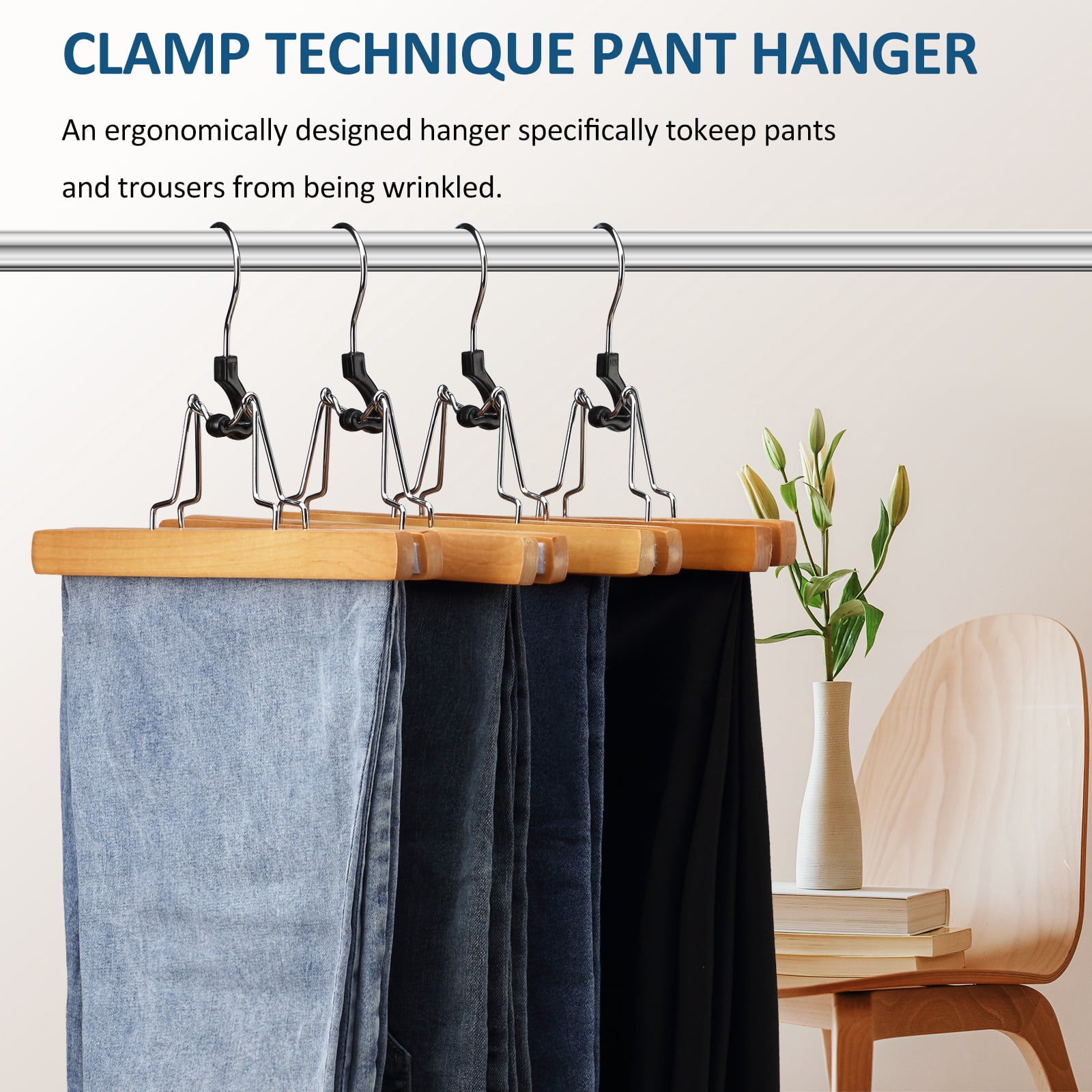 BagDream 12 Pack Wooden Pants Hangers with Clips, Smooth Finish Solid Wood Non Slip Skirt Hangers Jeans Slack Clamp Hanger, Natural
